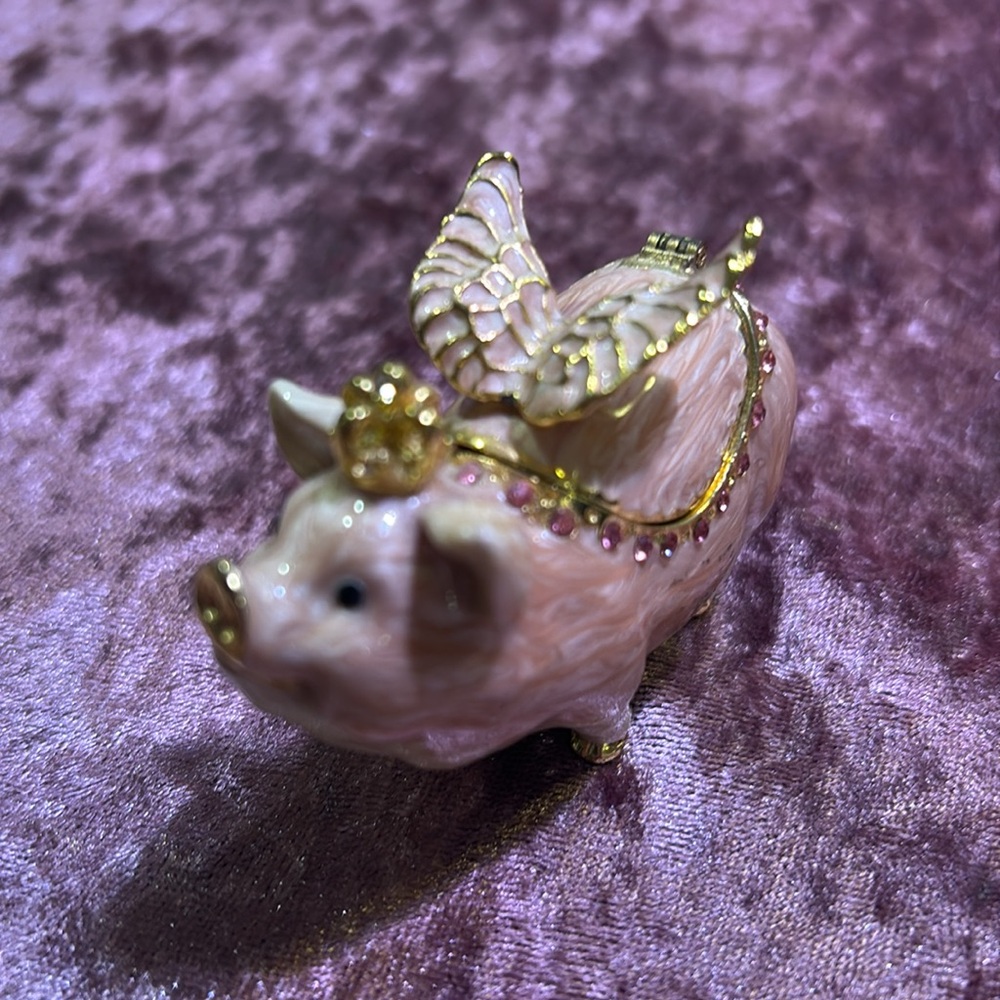 NWOT Flying Pig crystal enamel with gold plating trinket box - Picture 3 of 7